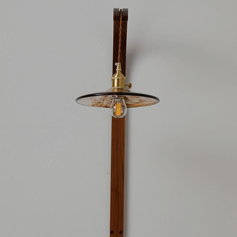 Japanese Shade Wood Curved Pole 1-Light Wall Sconce Lamp