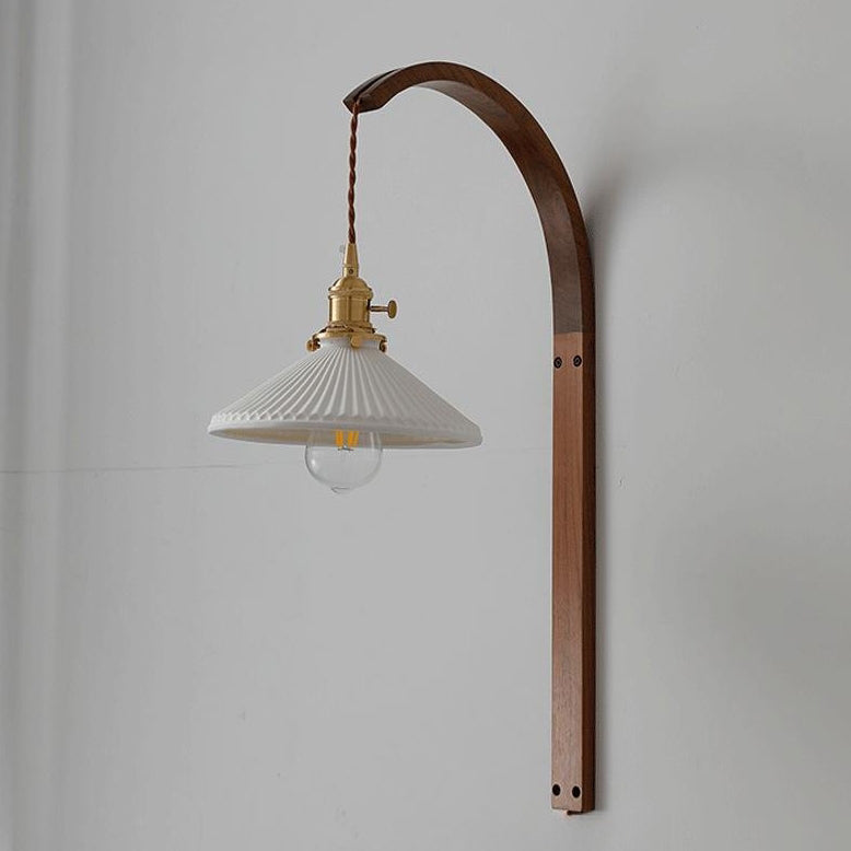 Japanese Shade Wood Curved Pole 1-Light Wall Sconce Lamp