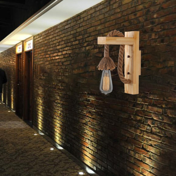 Wood Rope Iron Glass Cubic Pendant 1-Light Wall Sconce Lamp