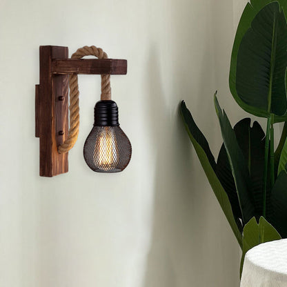 Wood Rope Iron Glass Cubic Pendant 1-Light Wall Sconce Lamp