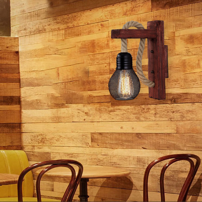 Wood Rope Iron Glass Cubic Pendant 1-Light Wall Sconce Lamp