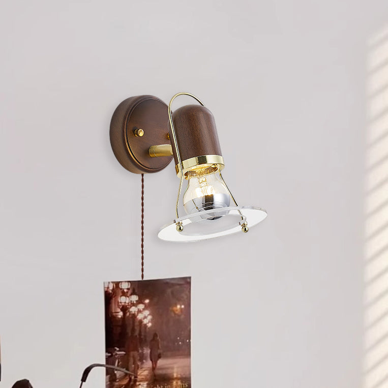 Walnut Acrylic Cylinder Round Disk 1-Light Wall Sconce Lamp
