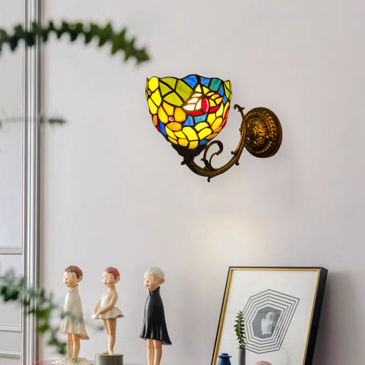 Tiffany Flower Iron Stained Glass 1-Light Wall Sconce Lamp