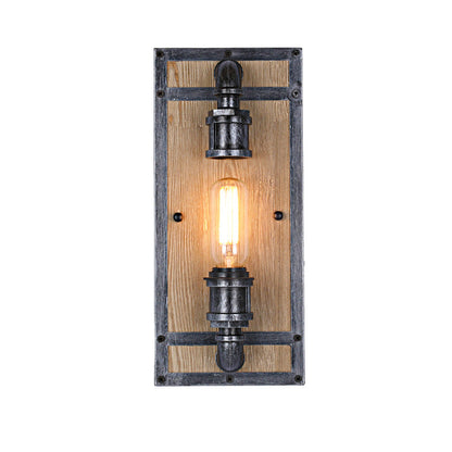 Industrial Pine Wood Iron Cage 1-Light Wall Sconce Lamp