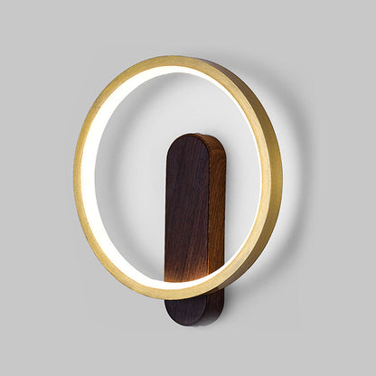 Wood Grain Round Wrought Iron LED Wall Sconce Lamp