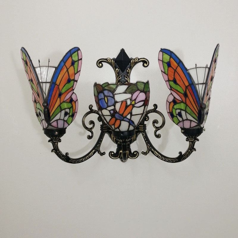 Tiffany Butterfly Alloy Iron Glass 3-Light Wall Sconce Lamp