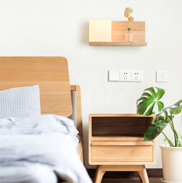 Creative Rubberwood Glass Square 1-Light Wall Sconce Lamp