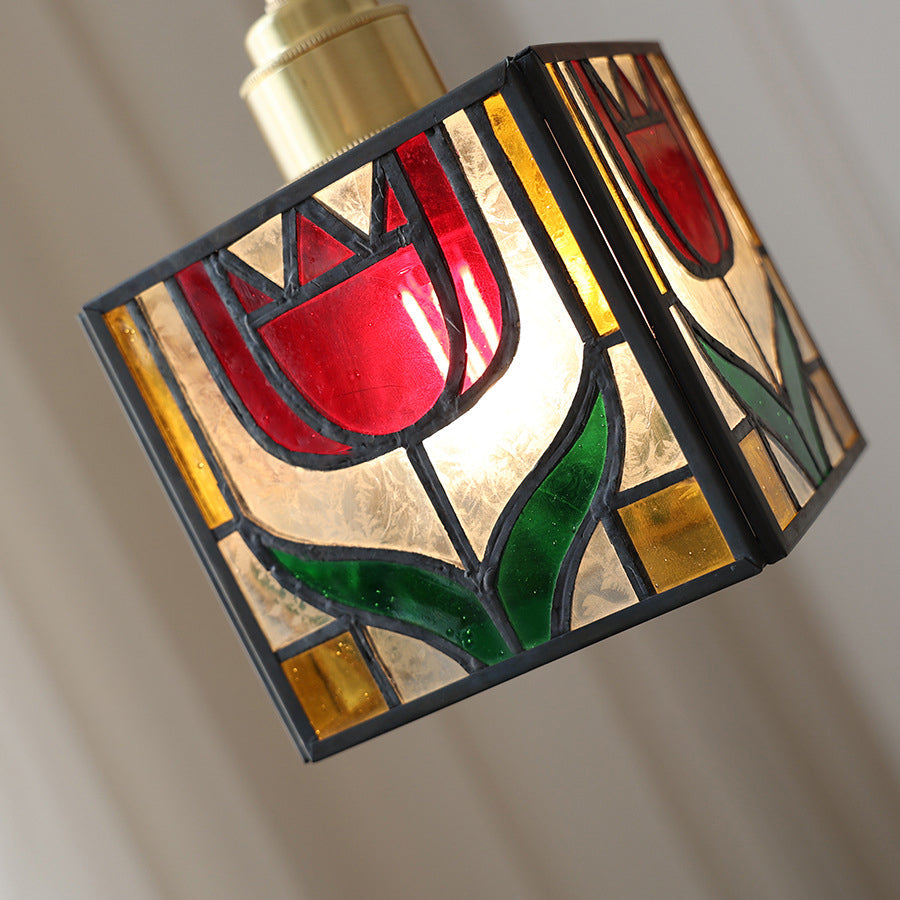 Square Cube Tulip Brass Glass 1-Light Wall Sconce Lamp