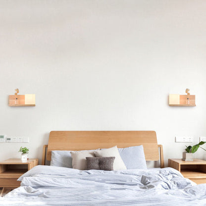 Creative Rubberwood Glass Square 1-Light Wall Sconce Lamp