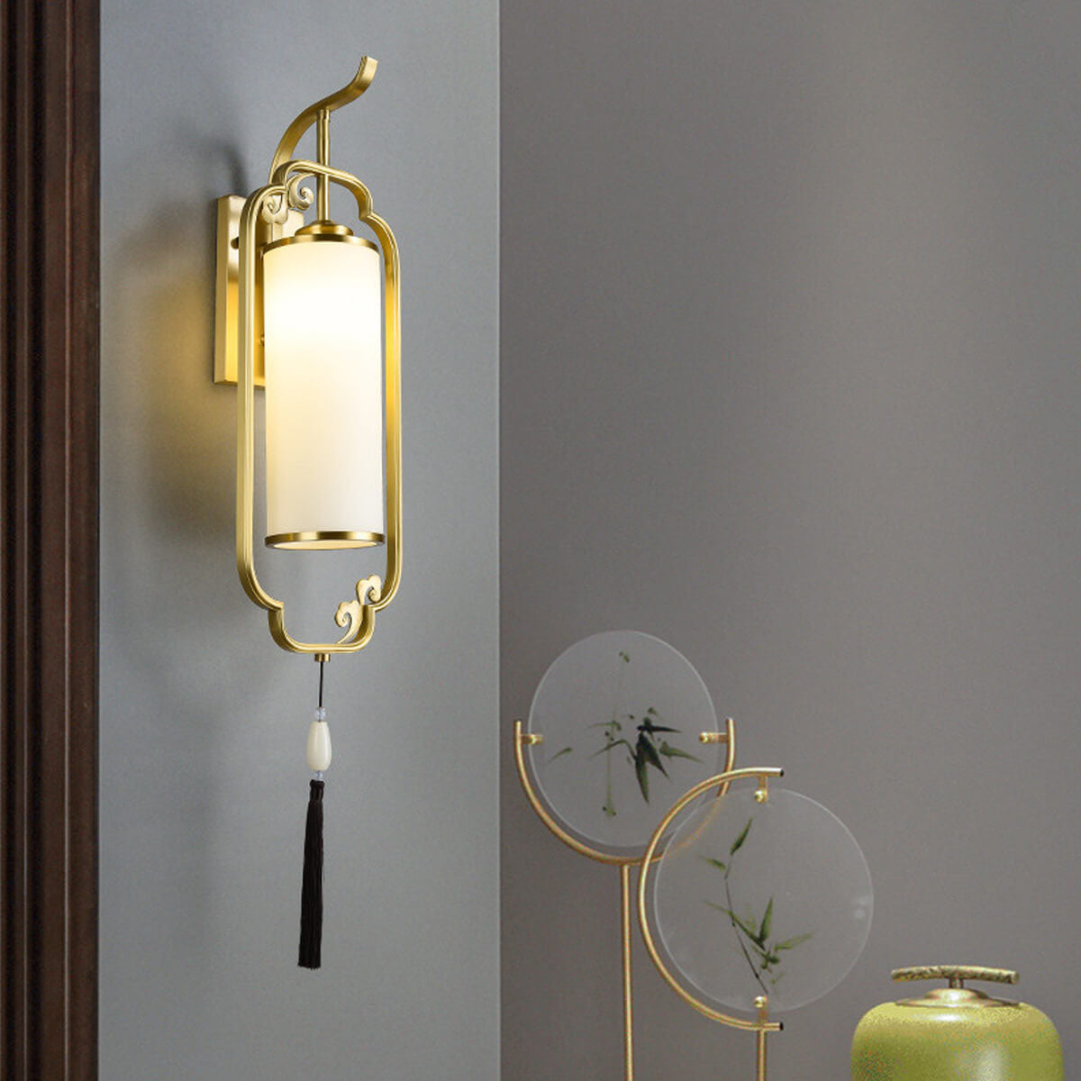 Chinese Copper Iron Glass Column 1-Light Wall Sconce Lamp