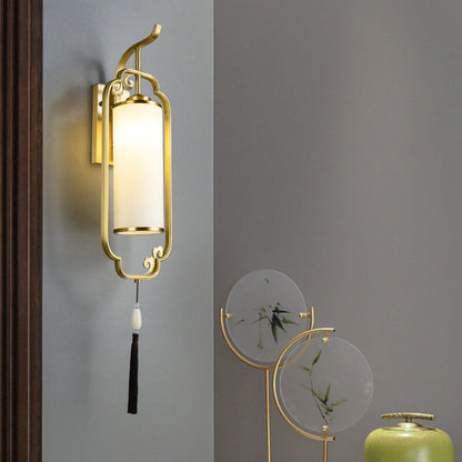 Chinese Copper Iron Glass Column 1-Light Wall Sconce Lamp