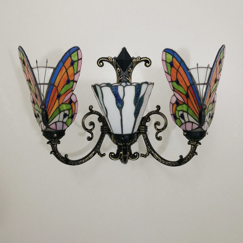 Tiffany Butterfly Alloy Iron Glass 3-Light Wall Sconce Lamp