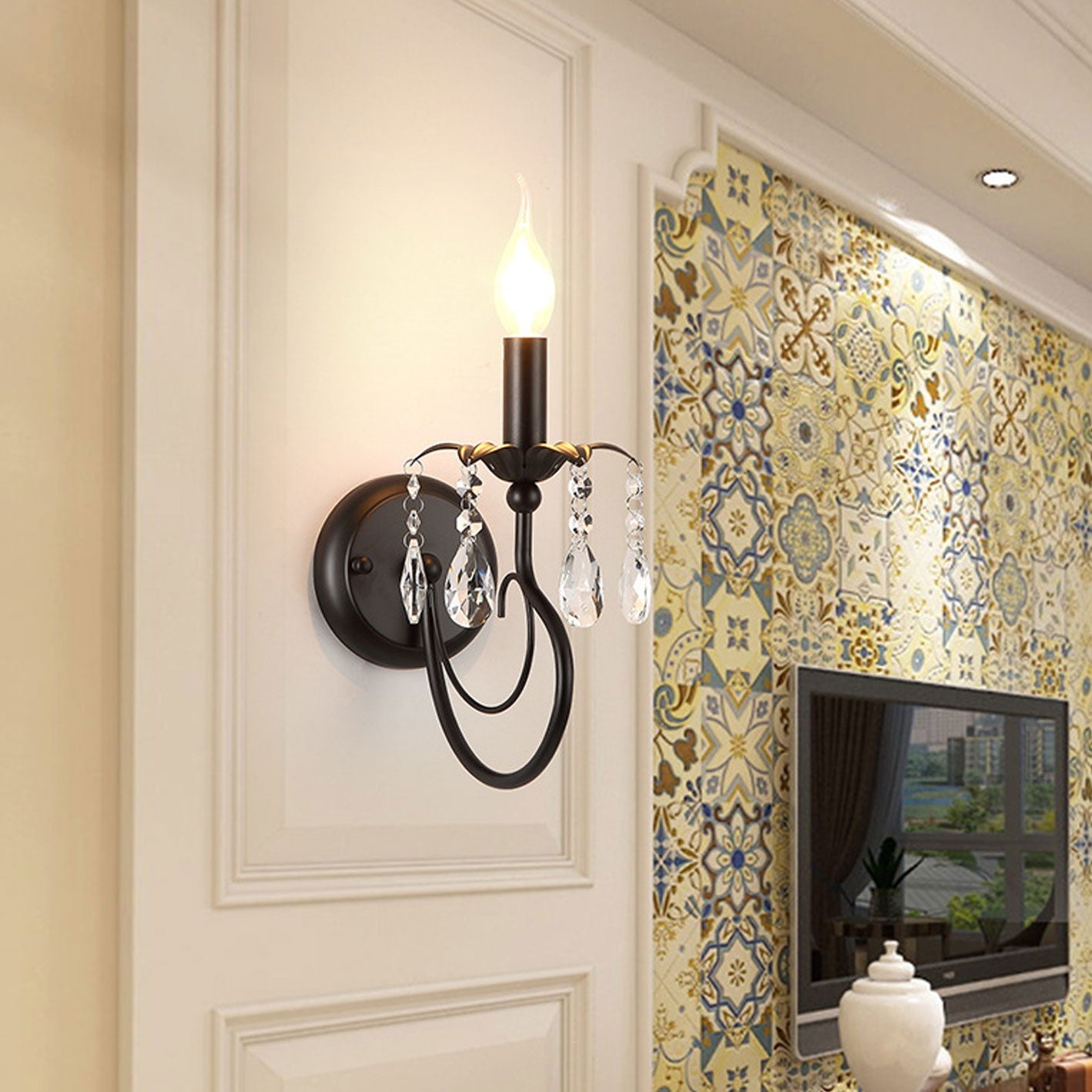 European Wrought Iron Crystal 1-Light Wall Sconce Lamp