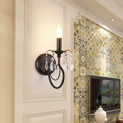 European Wrought Iron Crystal 1-Light Wall Sconce Lamp