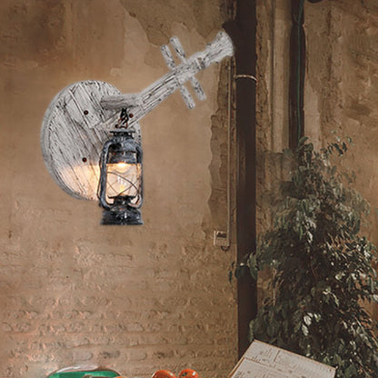 Farmhouse Wooden Lute Iron Holder 1-Light Wall Sconce Lamp