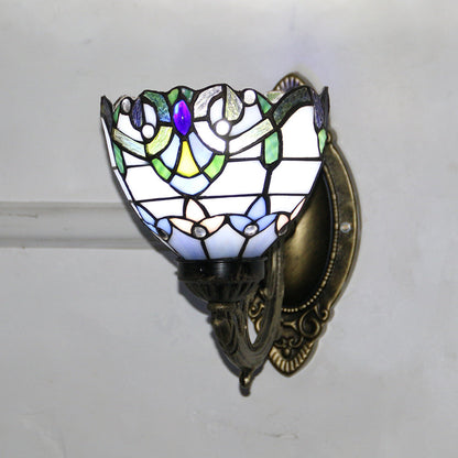Tiffany Glass Iron Round Bowl 1-Light Wall Sconce Lamp