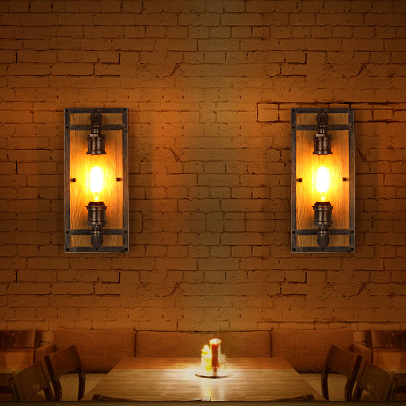 Industrial Pine Wood Iron Cage 1-Light Wall Sconce Lamp