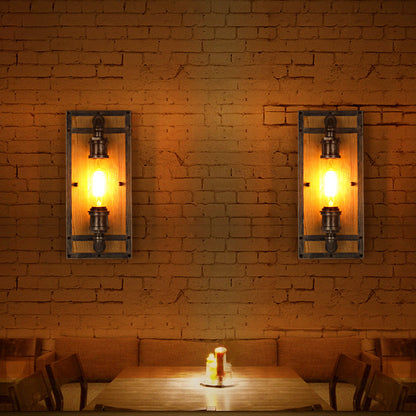 Industrial Pine Wood Iron Cage 1-Light Wall Sconce Lamp