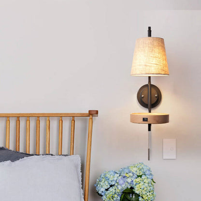 Light Wood Wrought Iron Fabric 1-Light Wall Sconce Lamp