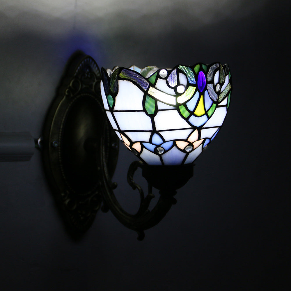 Tiffany Glass Iron Round Bowl 1-Light Wall Sconce Lamp