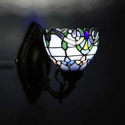 Tiffany Glass Iron Round Bowl 1-Light Wall Sconce Lamp