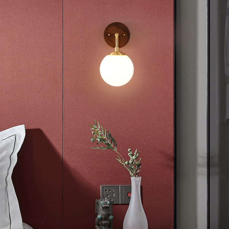 Walnut Brass Glass Round Orb 1-Light Wall Sconce Lamp
