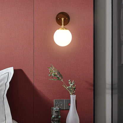 Walnut Brass Glass Round Orb 1-Light Wall Sconce Lamp