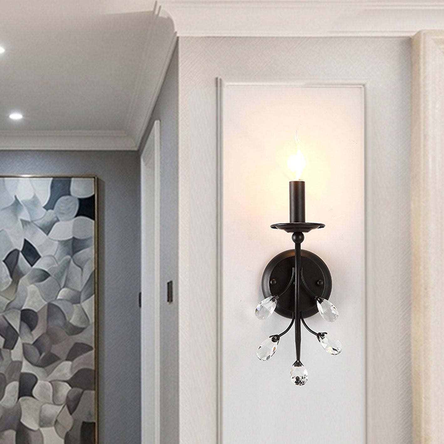 European Wrought Iron Crystal 1-Light Wall Sconce Lamp