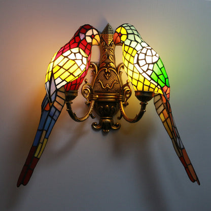 Tiffany Parrot Stained Glass 2-Light Wall Sconce Lamp