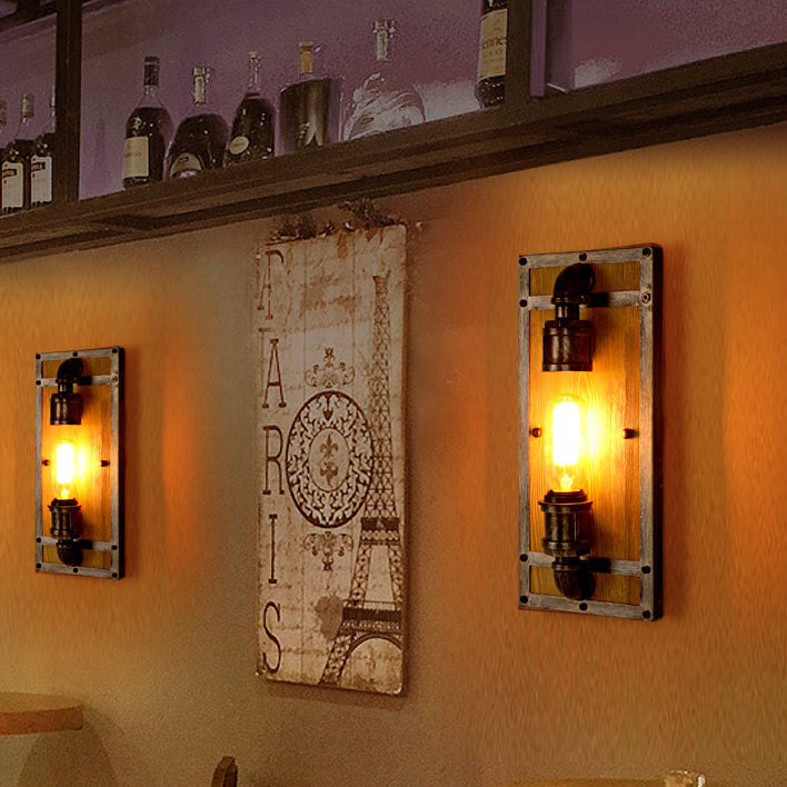 Industrial Pine Wood Iron Cage 1-Light Wall Sconce Lamp