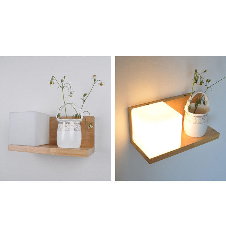 Creative Rubberwood Glass Square 1-Light Wall Sconce Lamp
