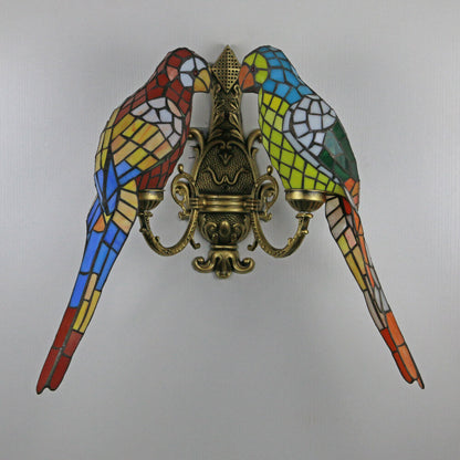 Tiffany Parrot Stained Glass 2-Light Wall Sconce Lamp