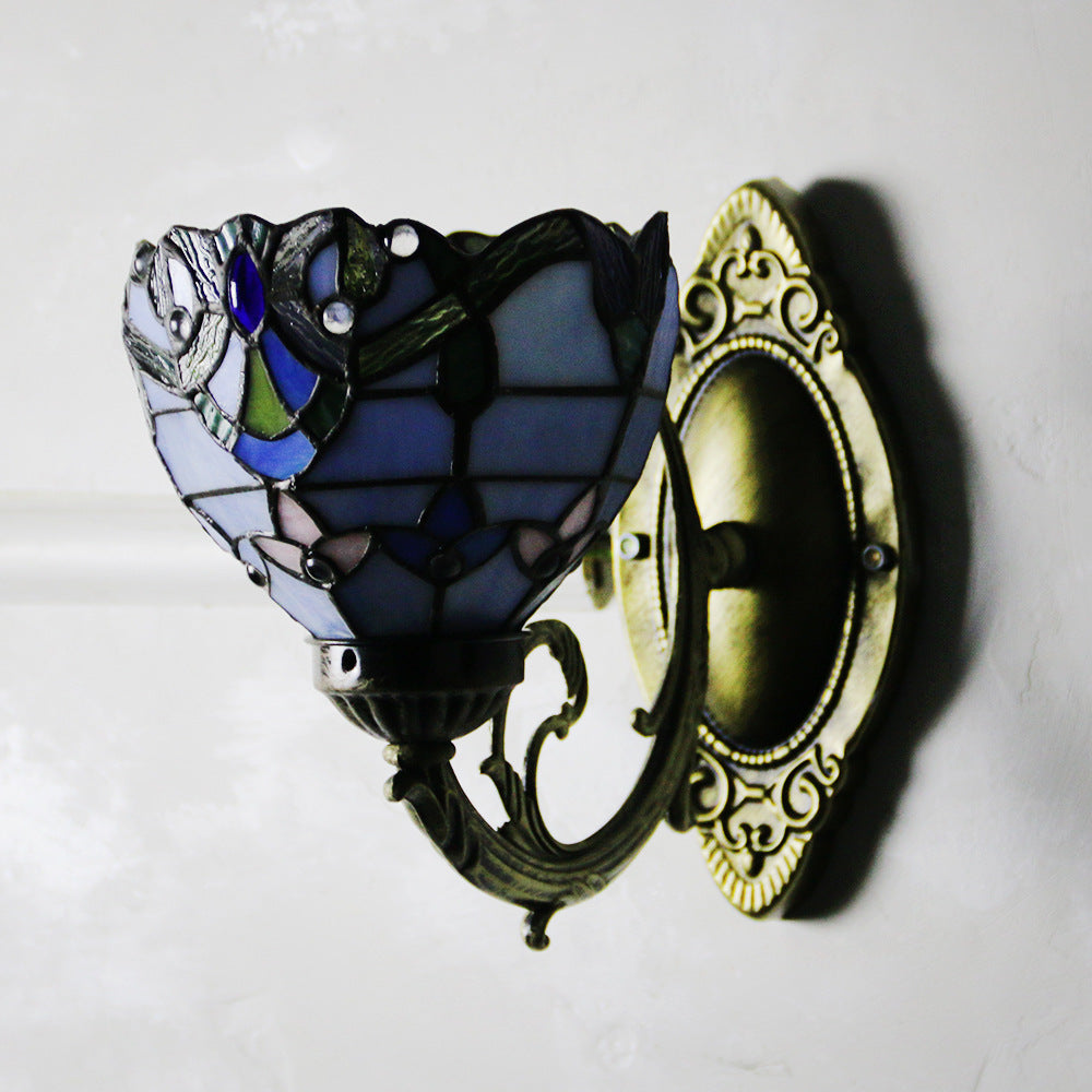 Tiffany Glass Iron Round Bowl 1-Light Wall Sconce Lamp