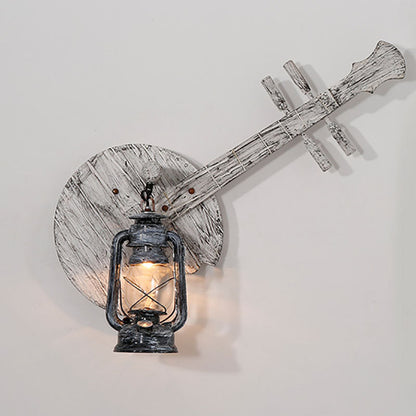 Farmhouse Wooden Lute Iron Holder 1-Light Wall Sconce Lamp
