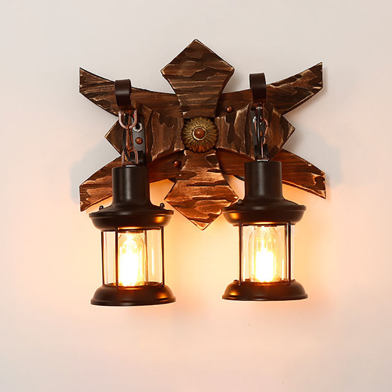 Farmhouse Wood Frame Iron 2-Light Wall Sconce Lamp