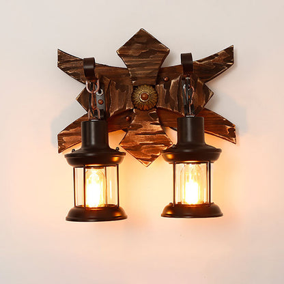 Farmhouse Wood Frame Iron 2-Light Wall Sconce Lamp
