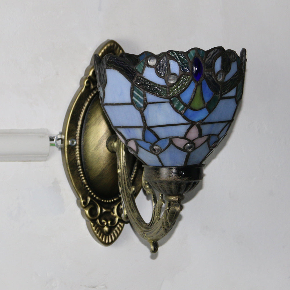 Tiffany Glass Iron Round Bowl 1-Light Wall Sconce Lamp
