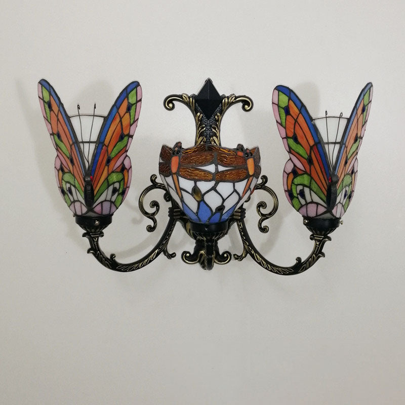 Tiffany Butterfly Alloy Iron Glass 3-Light Wall Sconce Lamp
