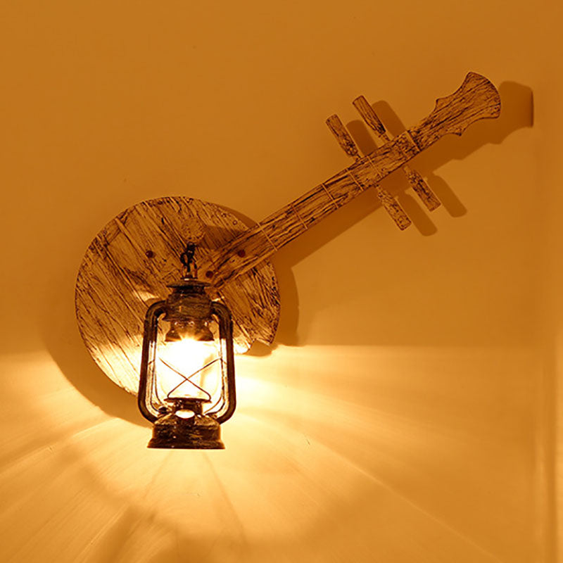 Farmhouse Wooden Lute Iron Holder 1-Light Wall Sconce Lamp