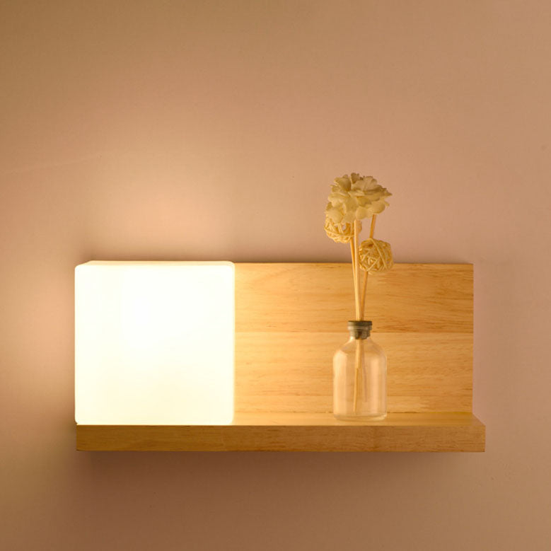 Creative Rubberwood Glass Square 1-Light Wall Sconce Lamp