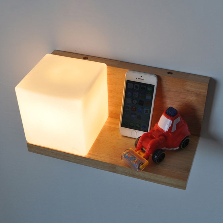 Creative Rubberwood Glass Square 1-Light Wall Sconce Lamp