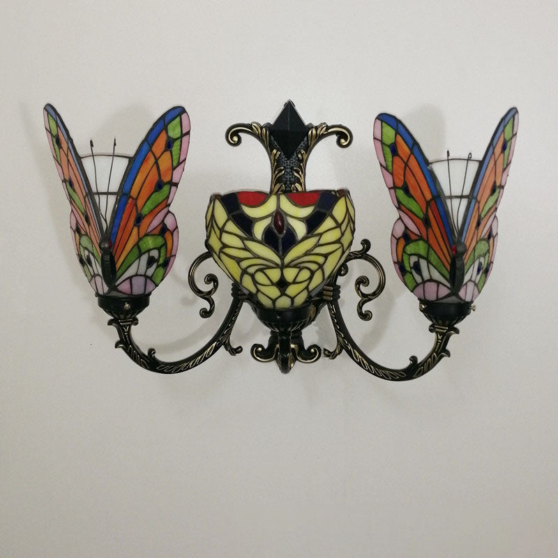 Tiffany Butterfly Alloy Iron Glass 3-Light Wall Sconce Lamp
