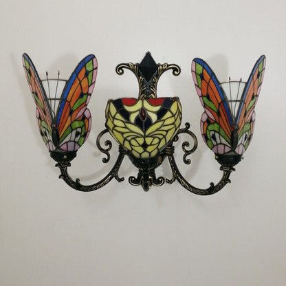 Tiffany Butterfly Alloy Iron Glass 3-Light Wall Sconce Lamp