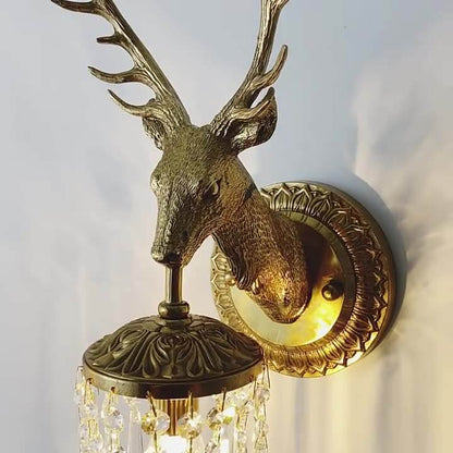 Luxury Deer Head Brass Crystal 1-Light Wall Sconce Lamp