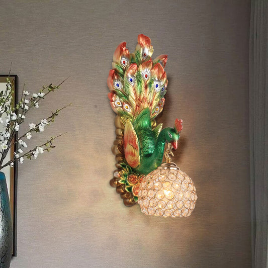 European Peacock Resin Glass Shade 1-Light Wall Sconce Lamp