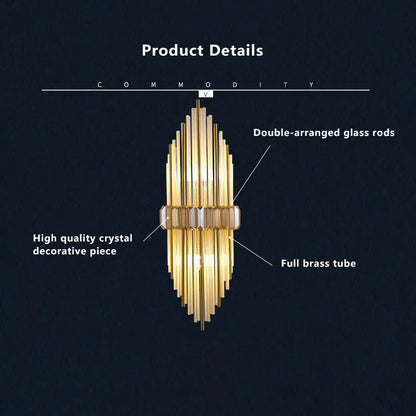 Modern Brass Crystal Tubular 2-Light Wall Sconce Lamp