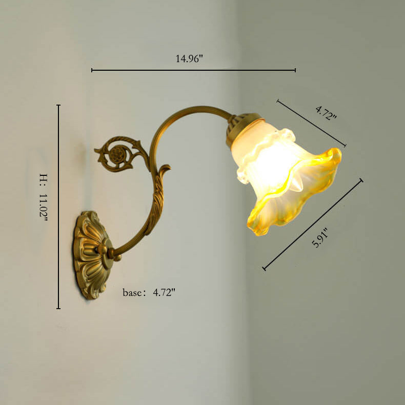 French Vintage Brass Glass Flower 1-Light Wall Sconce Lamp