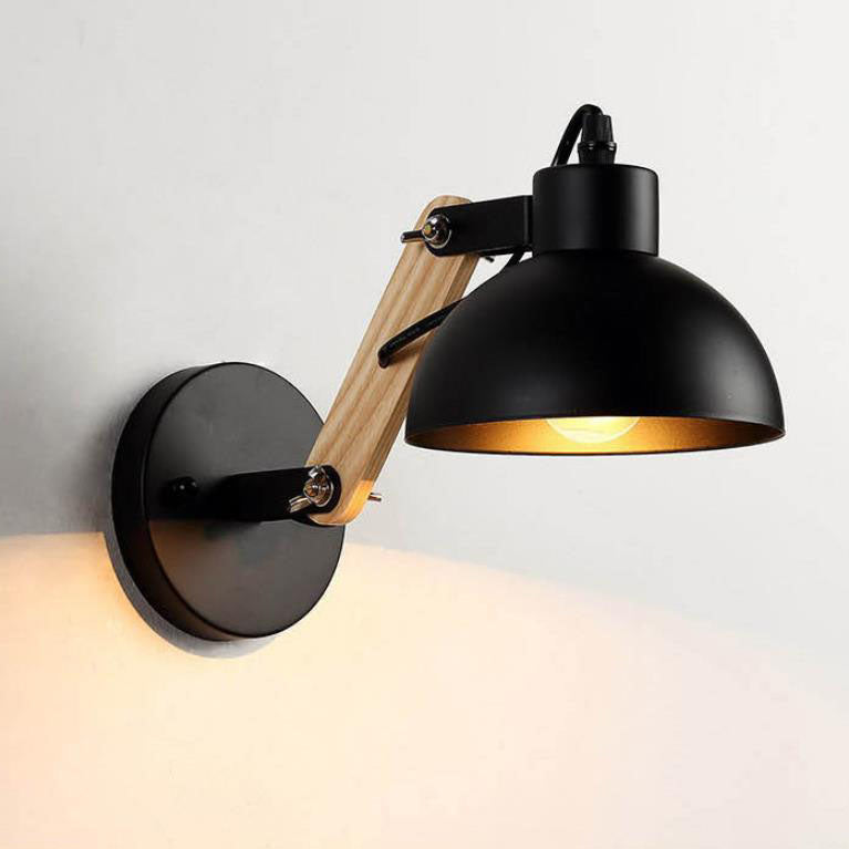 Dome Retractable Wood Arm 1-Light Wall Sconce Lamp