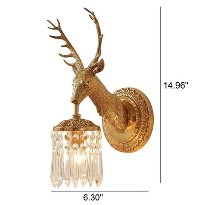 Luxury Deer Head Brass Crystal 1-Light Wall Sconce Lamp