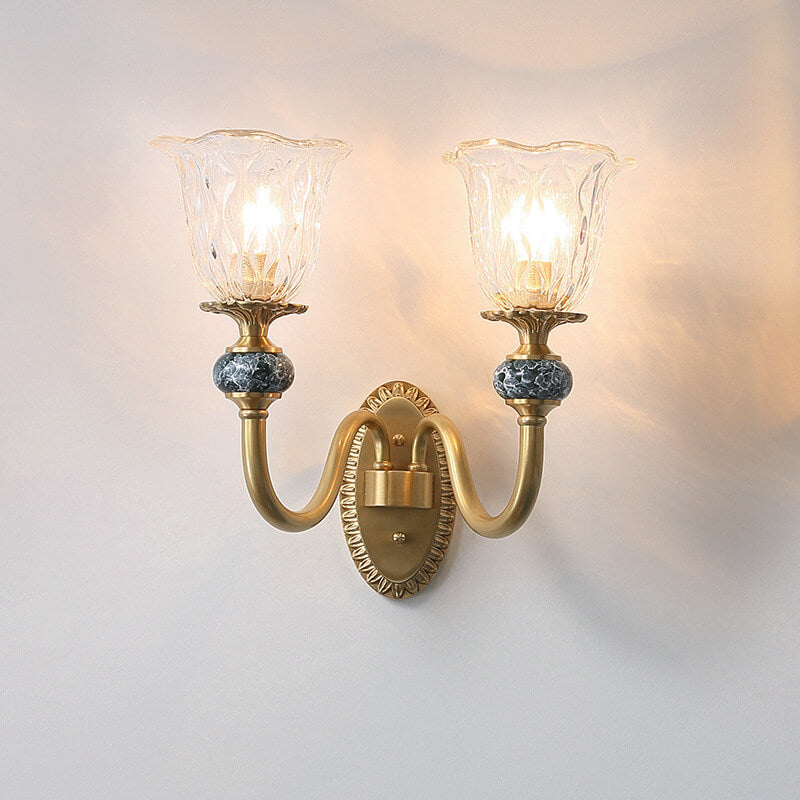 Floral Glass Brass Curved Arm 1/2 Light Wall Sconce Lamp